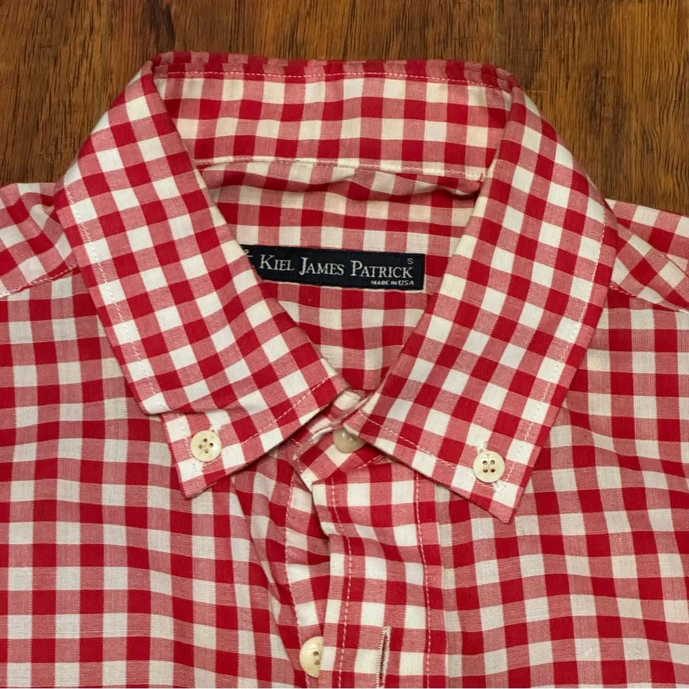 KJP Kiel James Patrick Red White Gingham Check Shirt Small S Made in USA - Picture 2 of 3